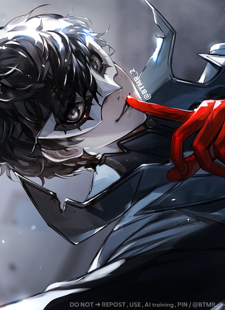 1boy amamiya_ren black_coat black_eyes black_hair btmr_game close-up coat eye_mask finger_to_mouth gloves joker_(persona_5) male_focus persona persona_5 red_gloves short_hair solo twitter_username watermark white_mask