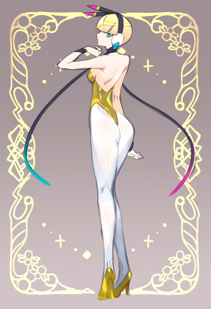 1girl ass bare_shoulders blonde_hair blue_eyes breasts elesa_(pokemon) from_behind full_body headphones high_heels leotard looking_at_viewer looking_back medium_breasts nintendo pantyhose playboy_bunny pokemon pokemon_bw shoes simple_background solo strapless strapless_leotard ukimukai white_pantyhose yellow_leotard yellow_shoes