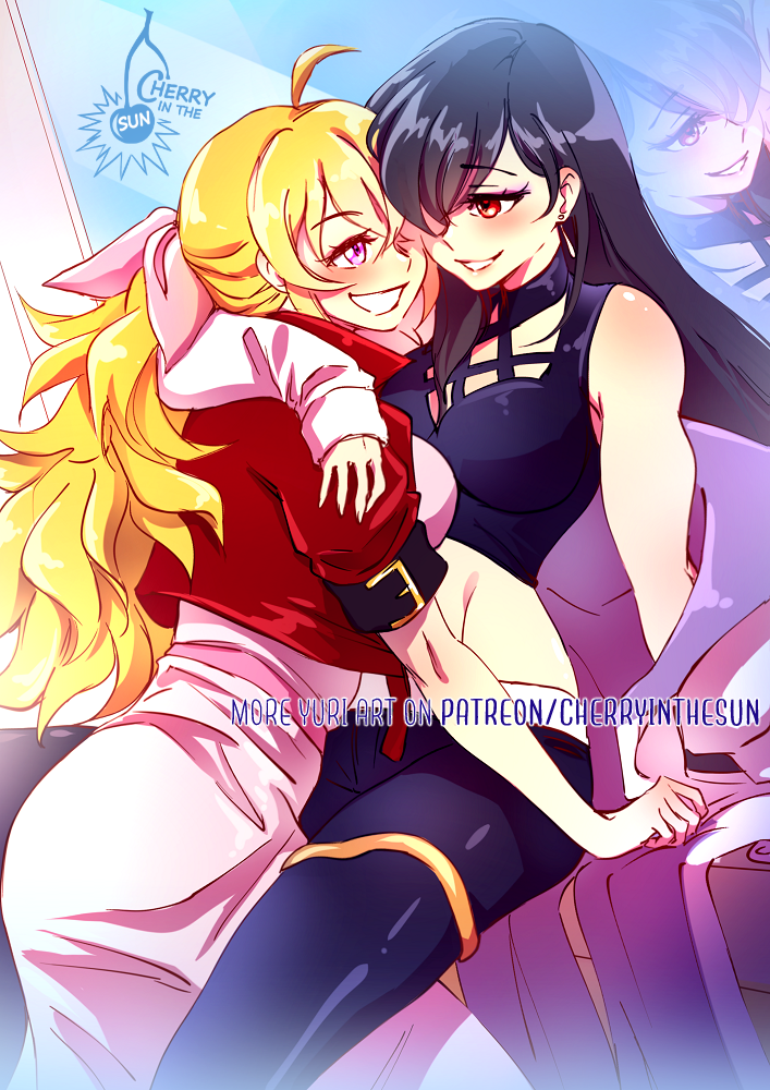 2girls aerith_gainsborough aerith_gainsborough_(cosplay) ahoge arms_around_neck artist_logo artist_name between_legs black_hair black_pants black_shirt blake_belladonna blake_belladonna_(cosplay) blonde_hair blush bow breasts cherry_in_the_sun commentary cosplay crossover dress earrings english_commentary english_text eye_contact facing_another final_fantasy final_fantasy_vii grin hair_between_eyes hair_bow hair_ornament hair_ribbon happy hug jacket jewelry large_breasts leaning_forward logo long_hair long_sleeves looking_at_another midriff multiple_girls open_mouth pants partially_undressed patreon_username pink_bow pink_dress pink_ribbon ponytail purple_eyes red_eyes red_jacket reflection ribbon rwby shirt short_sleeves single_bare_arm sitting smile tifa_lockhart yang_xiao_long yuri