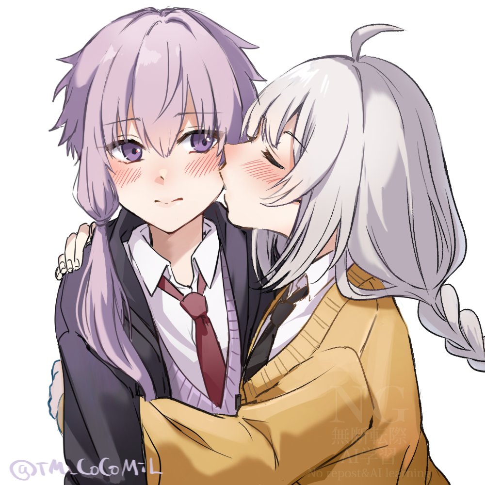 2girls ahoge black_jacket black_necktie blush braid cardigan closed_eyes closed_mouth collared_shirt grey_hair hand_on_another&#039;s_shoulder hug jacket kiss kissing_cheek kizuna_akari long_hair multiple_girls necktie purple_eyes purple_hair red_necktie shirt short_hair_with_long_locks sidelocks simple_background sweater sweater_vest tm_cocomil twin_braids twitter_username upper_body voiceroid watermark white_background white_hair white_shirt yuri yuzuki_yukari