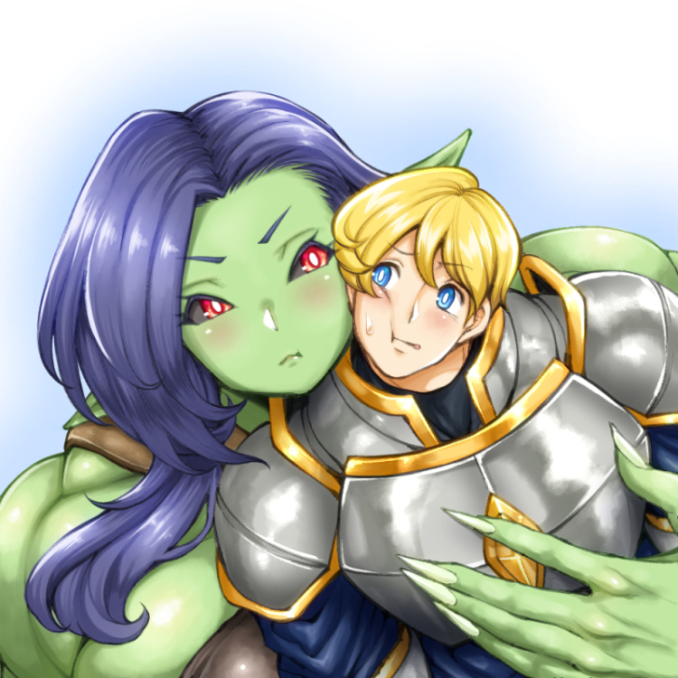 1boy 1girl arm_warmers armor black_sclera blonde_hair blue_eyes blue_hair blush breastplate cheek-to-cheek colored_sclera colored_skin eye_contact female_orc fingernails green_skin heads_together hetero hug hug_from_behind knight long_fingernails long_hair looking_at_another metal monster_girl muscular muscular_female nenbuta orc original pauldrons pointy_ears red_eyes sharp_fingernails shiny_clothes shiny_skin shoulder_armor size_difference sweatdrop worried