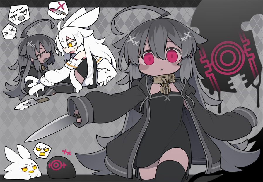 +++ 2girls ahoge animal_ears argyle_background bare_shoulders bell black_dress black_hoodie black_thighhighs blob blush_stickers closed_eyes collar commentary_request dark-skinned_female dark_skin deformed dorodra_(kisaragi_kaya) drawstring dress dripping empty_eyes fang from_side grey_hair hair_between_eyes hair_flaps holding holding_knife hood hood_down hoodie jingle_bell kisaragi_kaya knife long_hair looking_at_viewer metal_collar multiple_girls multiple_views neck_bell open_clothes open_hoodie open_mouth original parted_lips pinned prehensile_hair red_eyes side-tie_peek skin_fang sleeveless sleeveless_dress sleeves_past_fingers sleeves_past_wrists slime_(substance) slit_pupils speech_bubble spoken_expression spoken_object spoken_x sweater teardrop tentacle_arm tentacle_hair tentacles thighhighs very_long_hair white_hair white_sweater yellow_eyes yste zettai_ryouiki