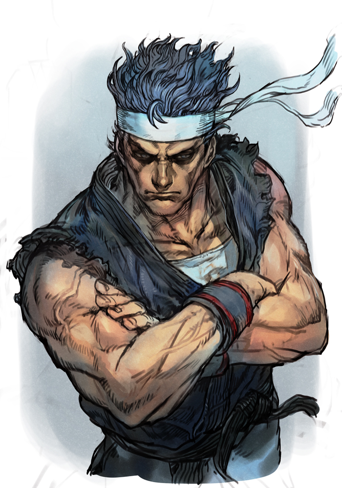 1boy belt black_hair closed_mouth collarbone cropped_torso crossed_arms dougi eyebrows headband hungry_clicker male_focus martial_arts_belt muscular nose sega shirt sleeveless solo spiked_hair virtua_fighter white_shirt wind wind_lift wristband yuki_akira
