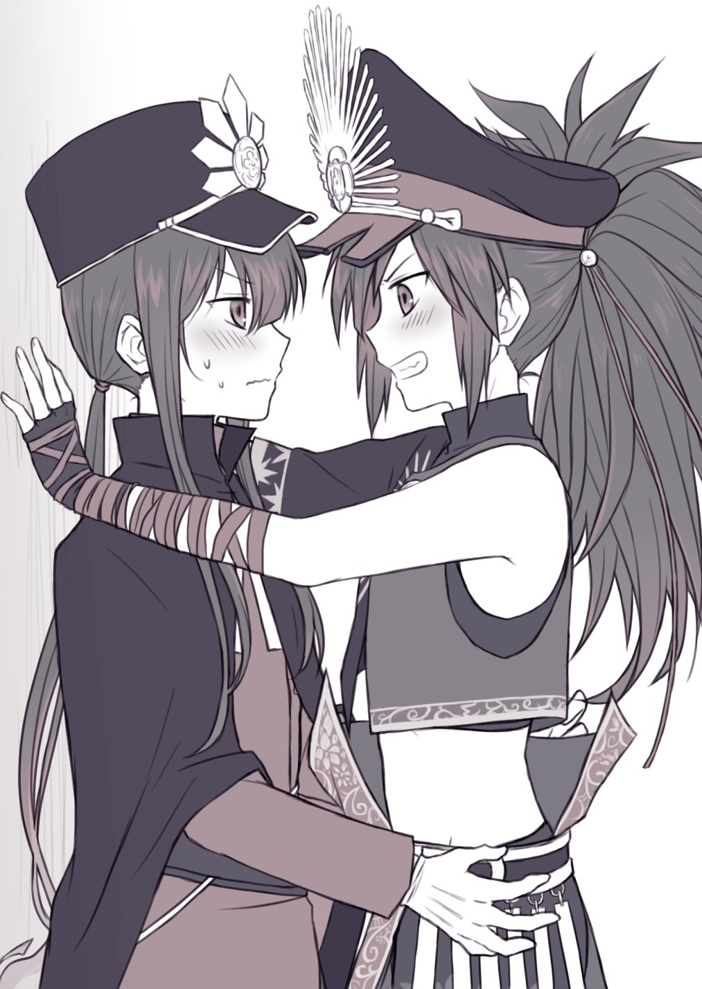 2boys against_wall armpit_peek belt black_cape black_gloves black_hair black_hat blush brothers cape center-flap_bangs closed_mouth cowboy_shot crop_top cropped_jacket eye_contact face-to-face fate/grand_order fate_(series) fiery_hair fingerless_gloves from_side frown gloves grin groin hair_between_eyes hair_ribbon hand_on_another&#039;s_hip hat high_collar highres incest jacket kabedon kepi lone_nape_hair long_hair long_sleeves looking_at_another low_ponytail male_focus military_hat military_jacket military_uniform monochrome multiple_boys oda_kippoushi_(fate) oda_nobukatsu_(fate) oda_nobunaga_(fate) oda_uri peaked_cap ponytail ribbon siblings sidelocks single_sleeve smile stomach sweatdrop teramoto_kei torn_clothes torn_hat v-shaped_eyebrows very_long_hair wavy_mouth white_gloves wrist_wrap yaoi