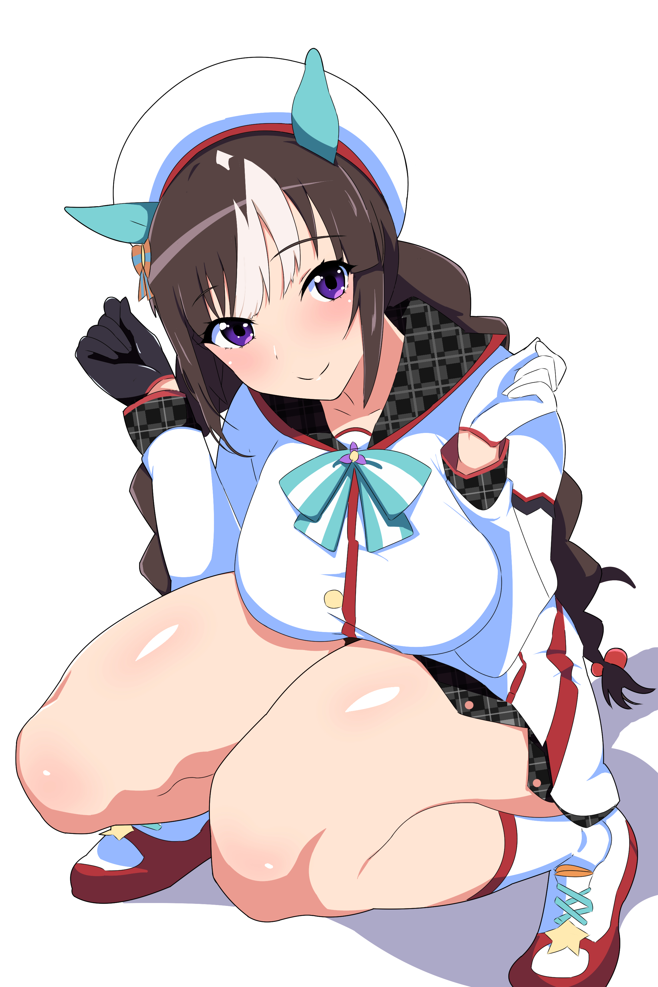 1girl absurdres animal_ears asymmetrical_gloves black_gloves black_skirt braid breasts brown_hair closed_mouth collarbone gloves hair_ribbon highres hokko_tarumae_(umamusume) horse_ears horse_girl ice_nine long_hair looking_at_viewer medium_breasts mismatched_gloves multicolored_hair pleated_skirt purple_eyes ribbon shirt shoes sidelocks simple_background skirt smile solo squatting streaked_hair thighs twin_braids two-tone_hair umamusume white_background white_gloves white_hair white_shirt white_shoes white_skirt