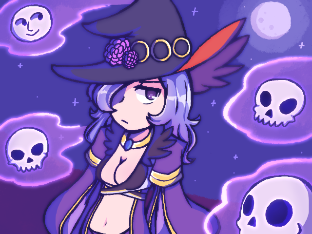 1girl black_hat blckbrd17 breasts cleavage coat commentary crop_top english_commentary expressionless floating_skull full_moon hair_over_one_eye hat long_hair looking_at_viewer medium_breasts moon open_clothes open_coat open_mouth purple_coat purple_eyes purple_hair ragnarok_online shirt solo upper_body warlock_(ragnarok_online) white_shirt witch_hat