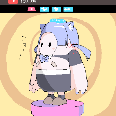 1girl animal_ear_hairband animal_ears arms_at_sides bandaid bandaids_on_nipples black_eyes black_skirt black_sleeves black_socks blue_bow blue_bowtie blue_hair bow bowtie brown_footwear cat_ear_hairband cat_ears cosplay fake_animal_ears fake_screenshot fall_guy fall_guys hairband lokulo-chan_(lokulo_no_mawashimono) lokulo-chan_(lokulo_no_mawashimono)_(cosplay) lokulo_no_mawashimono low_twintails lowres oekaki orange_background original pasties pedestal puffy_short_sleeves puffy_sleeves shoes short_sleeves shrug_(clothing) skirt socks solid_oval_eyes spiral_background topless_female twintails youtube
