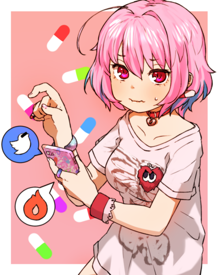 1girl ahoge amonitto bangle bar_censor bracelet breasts censored clip_studio_paint_(medium) closed_mouth collar earrings hair_between_eyes heart heart-shaped_lock holding holding_phone idolmaster idolmaster_cinderella_girls jewelry looking_at_viewer medium_breasts medium_hair multicolored_hair no_pants phone pill_background pill_earrings pill_ring pink_background pink_collar pink_eyes pink_hair ring shirt short_sleeves skeleton_print smartphone_case solo sweatdrop twitter_logo two-tone_hair wavy_mouth wristband yumemi_riamu