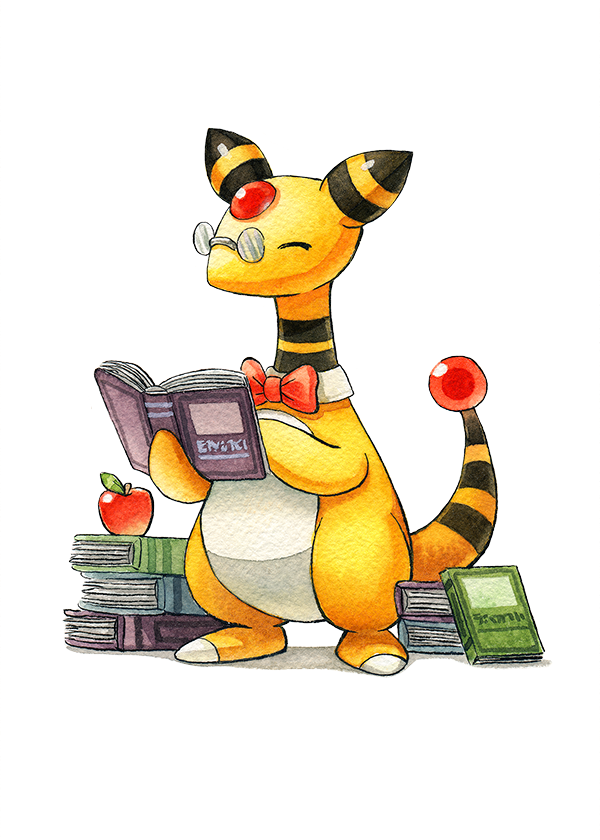 ^_^ ampharos apple book book_stack bow bowtie closed_eyes commentary detached_collar english_commentary food fruit gen_2_pokemon glasses holding holding_book nintendo no_humans oliver_hamlin open_book painting_(medium) pince-nez pokemon pokemon_(creature) red_bow red_bowtie round_eyewear simple_background solo standing traditional_media watercolor_(medium) white_background