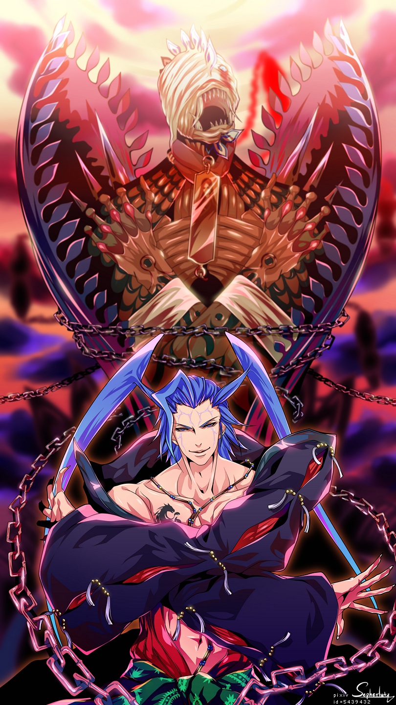 00s 1boy anima_(final_fantasy) artist_name bad_id bad_pixiv_id bishounen blue_hair chain coat crossed_arms final_fantasy final_fantasy_x highres long_hair male_focus monster seklutz seymour_guado sharp_teeth signature tattoo teeth twintails