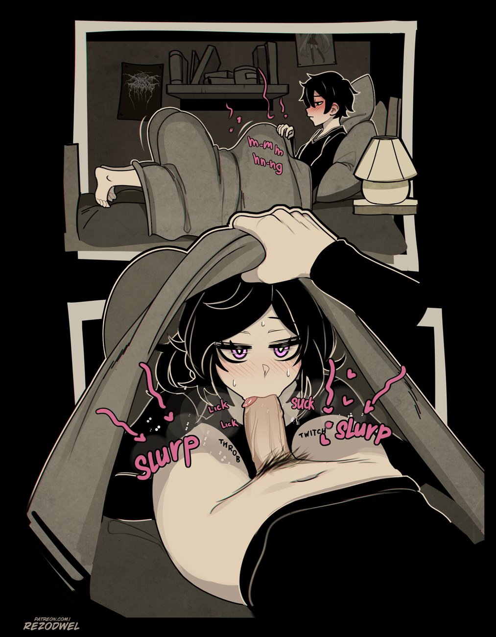 1boy 1girl andrew_graves_(the_coffin_of_andy_and_leyley) ashley_graves bed bedroom black_hair blush brother_and_sister fellatio green_eyes hetero highres incest multiple_views oral penis pink_eyes pubic_hair rezodwel siblings the_coffin_of_andy_and_leyley tongue under_covers