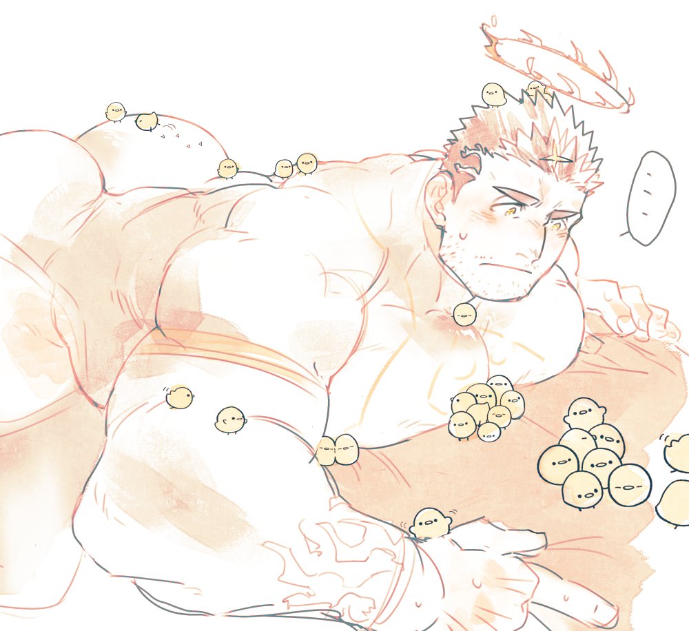 ... 1boy animal animal_on_ass animal_on_back animal_on_chest ass bara bird blush bodysuit chick multiple_expressions facial_hair feet_out_of_frame fire flaming_halo halo hand_up large_pectorals looking_at_animal lying male_focus mature_male motion_lines muscular muscular_arms muscular_male on_stomach orange_theme pectoral_press pectorals po_fu portrait puffy_chest short_hair shy solo spot_color stubble sweatdrop thick_eyebrows tokyo_houkago_summoners too_many too_many_chicks translation_request upper_body zabaniyya_(housamo)