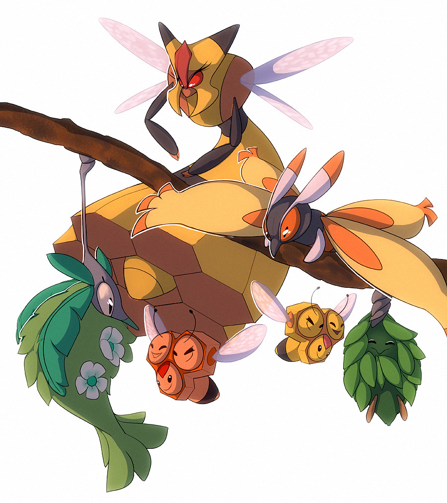 ^_^ black_eyes burmy burmy_(plant) closed_eyes combee commentary creature english_commentary facing_another facing_viewer flying francis_lumanog full_body gen_4_pokemon looking_at_another nintendo no_humans pokemon pokemon_(creature) simple_background vespiquen white_background wormadam wormadam_(plant)