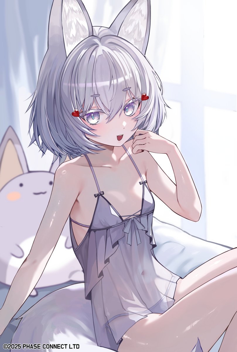1girl animal_ear_fluff animal_ears blush commentary english_commentary fox_ears fox_girl fox_tail hair_between_eyes hair_ornament highres kkato looking_at_viewer nightgown official_art open_mouth panties phase_connect purple_eyes purple_nightgown purple_panties see-through_nightgown short_hair smile solo tail tenma_maemi theo_(tenma_maemi) underwear virtual_youtuber white_hair