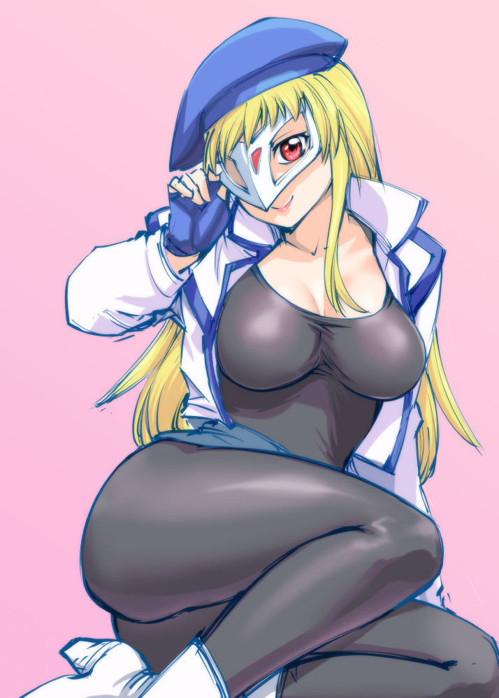 00s 1girl blonde_hair breasts cleavage female_focus fingerless_gloves gear_senshi_dendou gloves hat high_heels jacket large_breasts lips long_hair long_sleeves mask pink_background red_eyes shiny_clothes simple_background sitting smile solo ueyama_michirou vega_(dendoh)