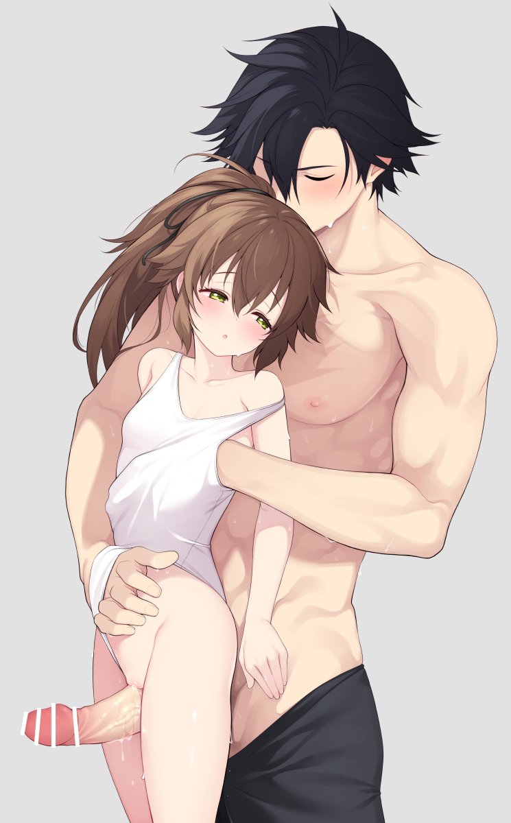1boy 1girl :o alternate_costume bar_censor black_hair black_pants blush breasts brown_hair censored closed_eyes clothed_sex clothing_aside cowboy_shot eiyuu_densetsu erection green_eyes grey_background grinding hair_between_eyes hakuleg half-closed_eyes hand_under_clothes hand_under_swimsuit hetero highres long_hair looking_back one-piece_swimsuit pants parted_lips penis ponytail pussy_juice rean_schwarzer sen_no_kiseki_(series) short_hair simple_background single_off_shoulder size_difference small_breasts standing strap_slip swimsuit swimsuit_aside topless_male towa_herschel white_one-piece_swimsuit