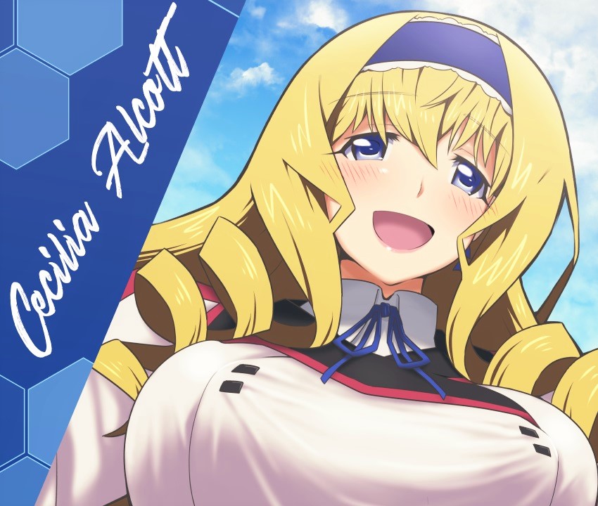 1girl blonde_hair blue_eyes blush breasts cecilia_alcott character_name drill_hair eeshin_(eishin5584) hairband infinite_stratos large_breasts long_hair looking_at_viewer open_mouth pink_lips school_uniform smile solo tongue very_long_hair