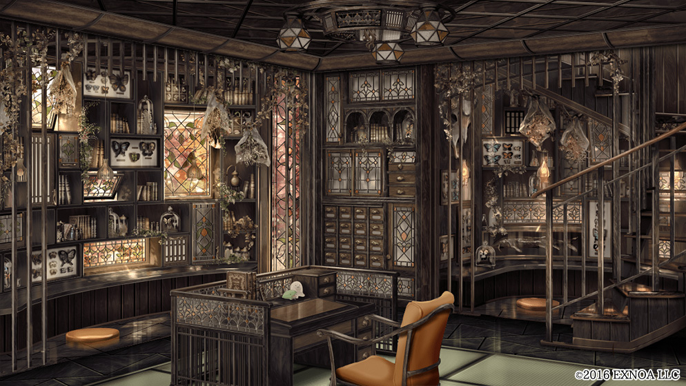 animal_skeleton animal_skull architecture armchair bars book bookshelf bug bungou_to_alchemist butterfly chair chest_of_drawers desk display_case flower framed_insect gothic_architecture hanging_flower indoors insect no_humans official_art plant scenery shelf stained_glass stairs table tatami taxidermy vines window wooden_ceiling