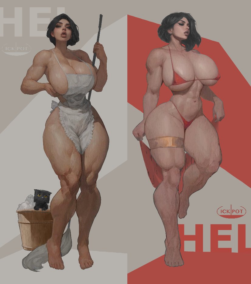 1girl 1other apron bikini black_cat black_hair breasts bucket cat holding holding_mop huge_breasts ickpot looking_to_the_side looking_up mop multiple_views muscular muscular_female naked_apron narrow_waist original solo_focus standing standing_on_one_leg swimsuit thigh_strap white_apron