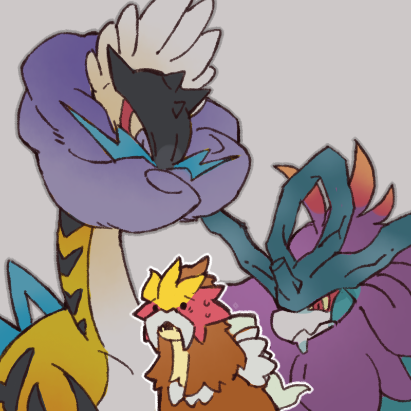 colored_sclera darunio entei fangs gen_2_pokemon horns legendary_pokemon long_neck looking_at_another mane neck_fur nintendo no_humans pokemon purple_eyes purple_fur raging_bolt red_eyes striped_fur tusks upper_body walking_wake