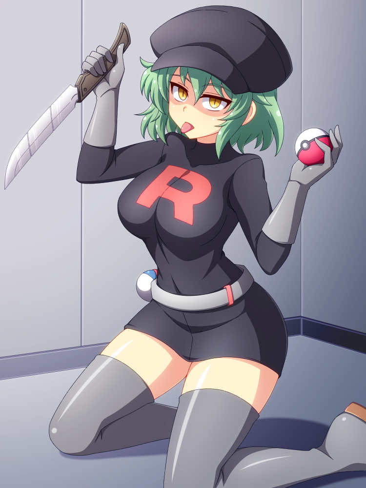 1girl belt black_dress black_hat boots breasts commentary_request cosplay dress green_hair grey_belt grey_boots hair_between_eyes hands_up hat hikage_(senran_kagura) holding holding_poke_ball holding_weapon kneeling logo medium_hair nintendo poke_ball poke_ball_(basic) pokemon pokemon_frlg senran_kagura short_dress solo team_rocket team_rocket_grunt team_rocket_grunt_(cosplay) team_rocket_uniform thigh_boots tongue tongue_out weapon yellow_eyes zetsumu