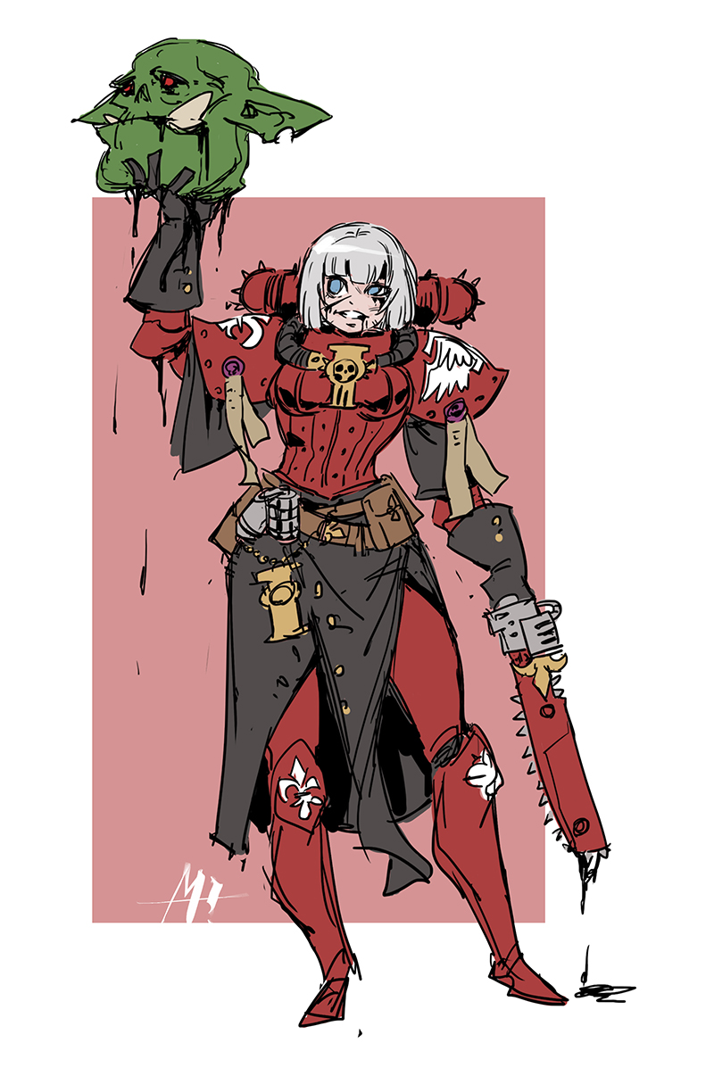 1girl adepta_sororitas armor blood blue_eyes bob_cut chainsword colored_skin decapitation explosive fleur-de-lis green_skin grenade highres holding_detached_head orc ork_(warhammer) pointy_ears power_armor purity_seal red_eyes rmulderz solo warhammer_40k white_hair