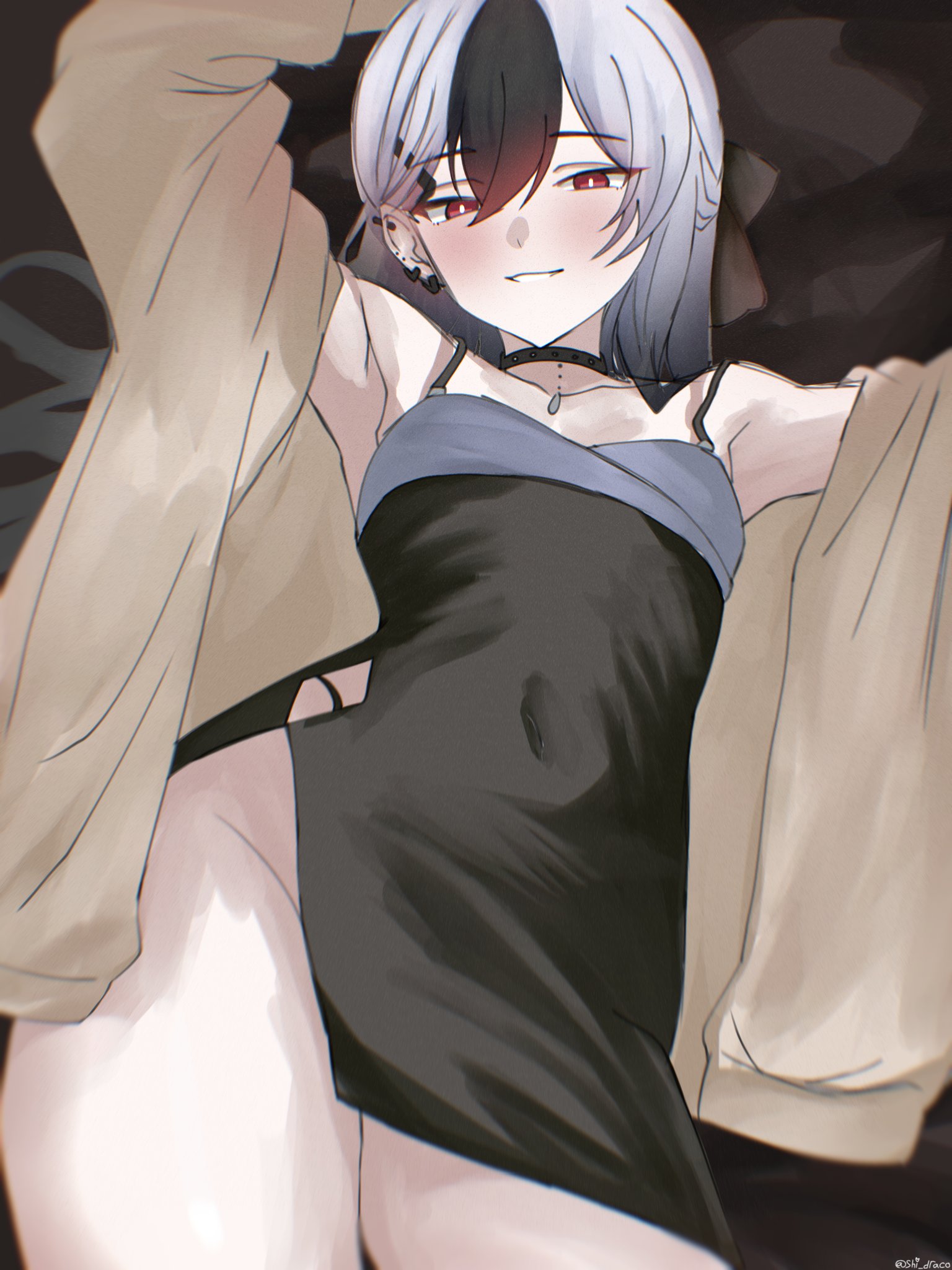 1girl arm_up black_choker black_dress black_hair blue_archive choker collarbone covered_navel cowboy_shot dress from_below grey_hair hair_between_eyes hashtag-only_commentary highres kayoko_(blue_archive) kayoko_(dress)_(blue_archive) light_blush looking_at_viewer multicolored_hair red_eyes shi_draco smile solo thighs