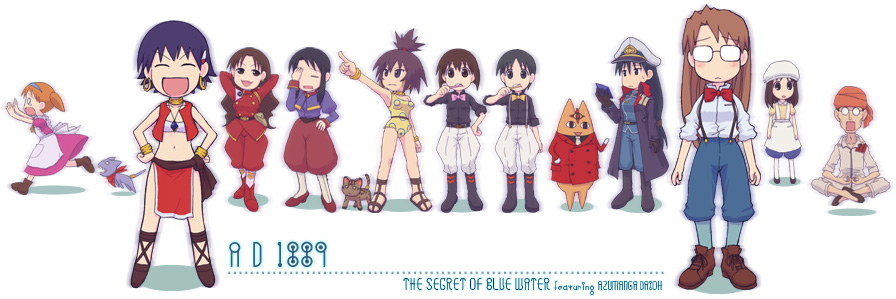 1boy 6+girls ^_^ azumanga_daiou bandeau black_hair bracelet cat cheekbones chibi chibi_only chief_navigator_(nadia) chihiro_(azumanga_daioh) child closed_eyes cosplay creature electra_(cosplay) electra_(nadia) emoncake. everyone facepalm floating full_body fushigi_no_umi_no_nadia gargoyle gargoyle_(cosplay) gargoyle_(nadia) glasses grandis_granva grandis_granva_(cosplay) hanson hanson_(cosplay) happy hat ikolina_(cosplay) ikolina_(nadia) jean_roque_lartigue jean_roque_lartigue_(cosplay) jean_roque_raltique jean_roque_raltique_(cosplay) jewelry kagura kagura_(azumanga_daioh) kaori_(azumanga_daioh) kasuga_ayumu kimura kurosawa_minamo levitation marie_en_carlsberg marie_en_carlsberg_(cosplay) maya_(azumanga) mayaa_(azumanga_daioh) mihama_chiyo mihama_chiyo&#039;s_father military military_uniform mizuhara_koyomi motion_blur multiple_girls nadia_la_arwall nadia_la_arwall_(cosplay) neck_ring nemo_(cosplay) nemo_(nadia) ogino_chihiro opaque_glasses parody peaked_cap pointing round_eyewear running sakaki_(azumanga_daioh) sanson_(cosplay) sanson_(nadia) scared simple_background standing takino_tomo tanizaki_yukari vest white_background white_bandeau