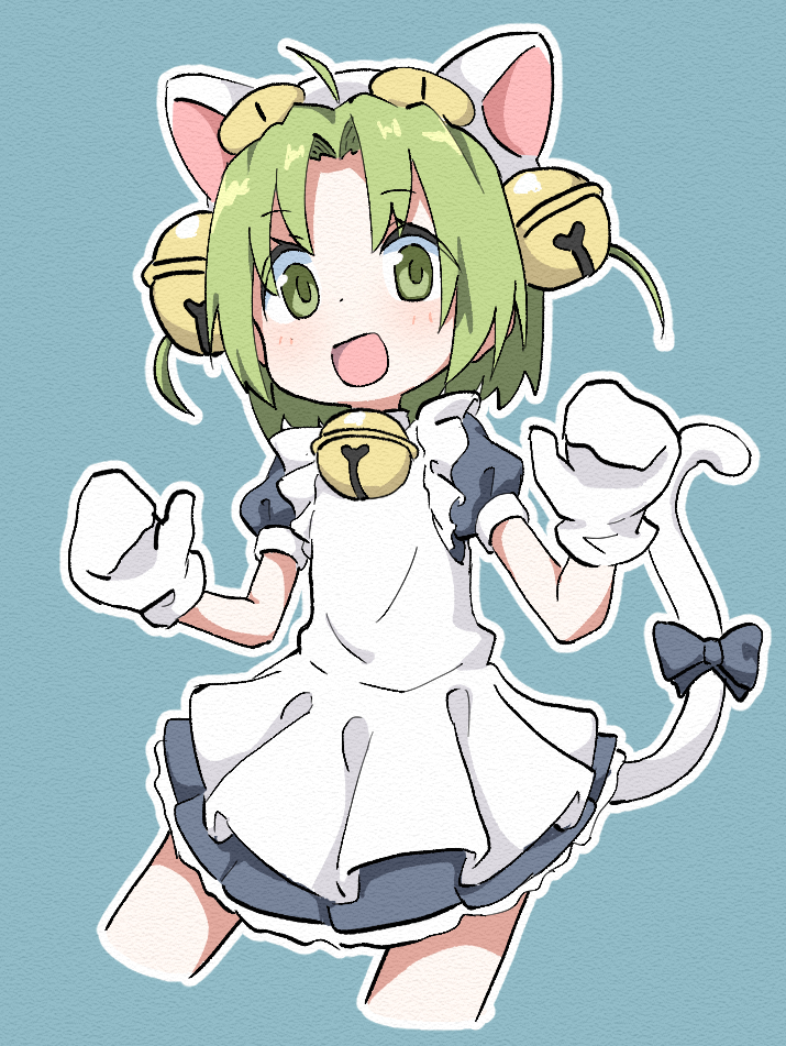 1girl animal_hat apron bell blush bow cat_hat cat_tail cropped_legs dejiko di_gi_charat dot_nose green_eyes green_hair hair_bell hair_ornament hat jingle_bell looking_at_viewer mittens open_mouth sagami_sagari short_hair solo tail tail_bow tail_ornament white_apron white_mittens