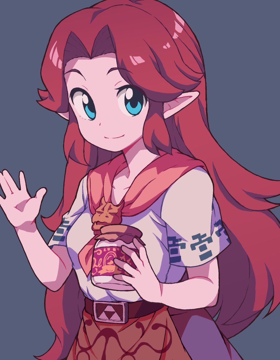 1girl belt blue_eyes bottle breasts brown_belt brown_skirt closed_mouth collarbone cremia female_focus grey_background hair_intakes hand_up highres holding holding_bottle long_hair looking_at_viewer milk_bottle neckerchief nintendo orange_neckerchief pointy_ears red_hair shirt short_sleeves sidelocks simple_background skirt small_breasts smile solo standing the_legend_of_zelda the_legend_of_zelda:_majora&#039;s_mask triforce waving white_shirt yokoyoko_(nazonazo)