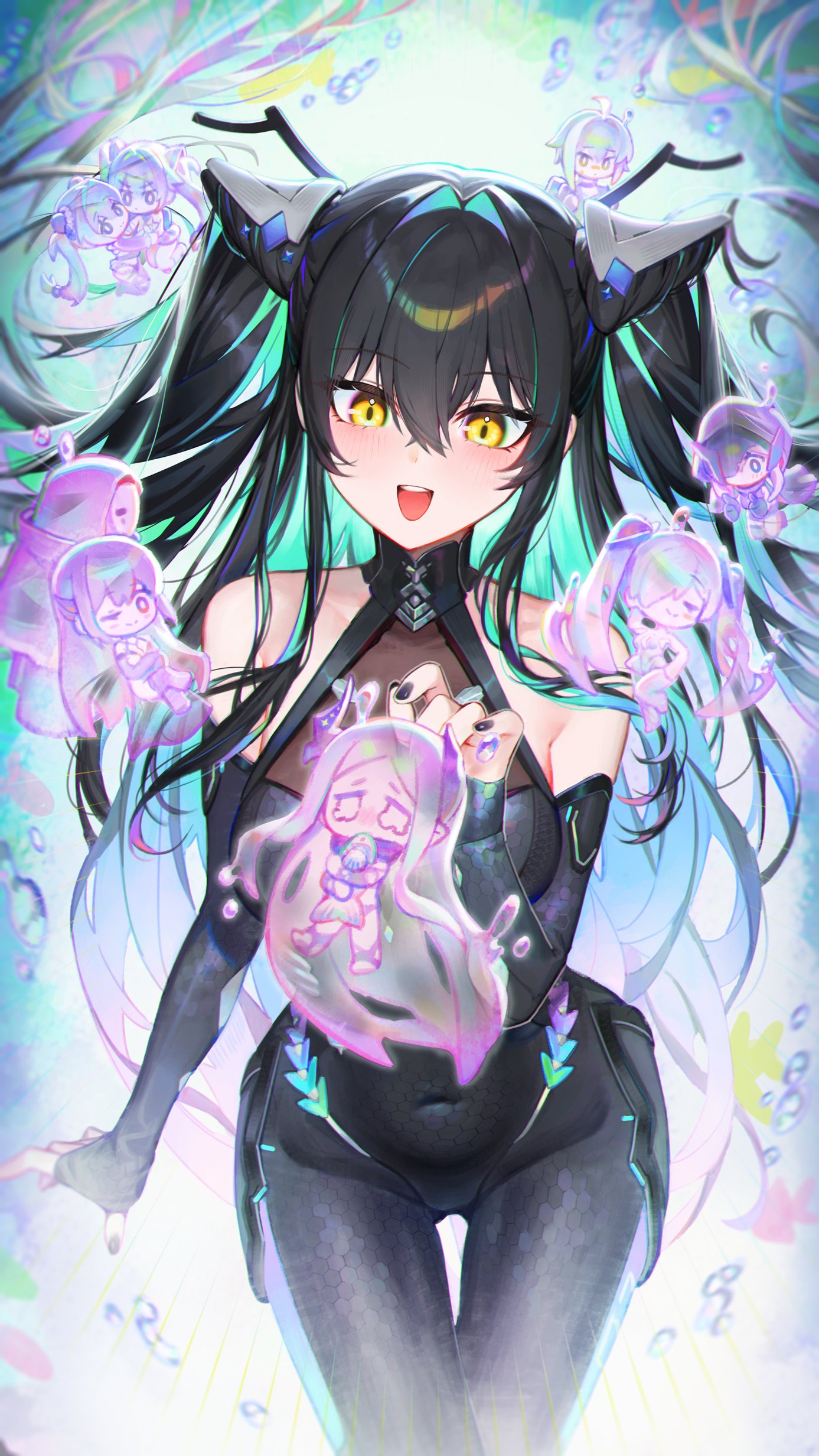 6+girls absurdres accessories aqua_hair armpit_cutout backless_bodysuit bandaid bandaid_on_face bandaid_on_nose bare_shoulders between_breasts black_bodysuit black_cloak black_hair black_hood black_horns black_liquid blue_eyes blue_hair blue_jumpsuit bodysuit breasts broken_mask bubble character_doll check_commentary cinderella_(nikke) cleavage cloak clothing_cutout colored_inner_hair commentary commentary_request dl_(dl_6ix) doll dominatrix double_thumbs_up fish flower-shaped_hair folded_hair forehead gloves goddess_of_victory:_nikke grave_(nikke) gretel_(nikke) hair_intakes hair_over_one_eye halterneck hansel_(nikke) hexagon_print highres honeycomb_(pattern) honeycomb_print hood hooded_cloak horns jumpsuit large_breasts leather_bikini leg_cutout leviathan_(nikke) liquid_clothes little_mermaid_(nikke) long_hair looking_at_viewer mask metal_gloves mihara_(bonding_chain)_(nikke) mihara_(nikke) mori_(nikke) multicolored_hair multiple_girls official_alternate_design old_tales_(nikke) one_eye_covered pointy_ears ribbed_shrug see-through_bodysuit see-through_cleavage see-through_clothes shiny_eyes siblings small_breasts smile stomach_cutout strap_between_breasts thumbs_up torn_cloak torn_clothes twins twintails very_long_hair wardress_(nikke) white_mask white_pouch yellow_eyes yuni_(chimera)_(nikke) yuni_(nikke)