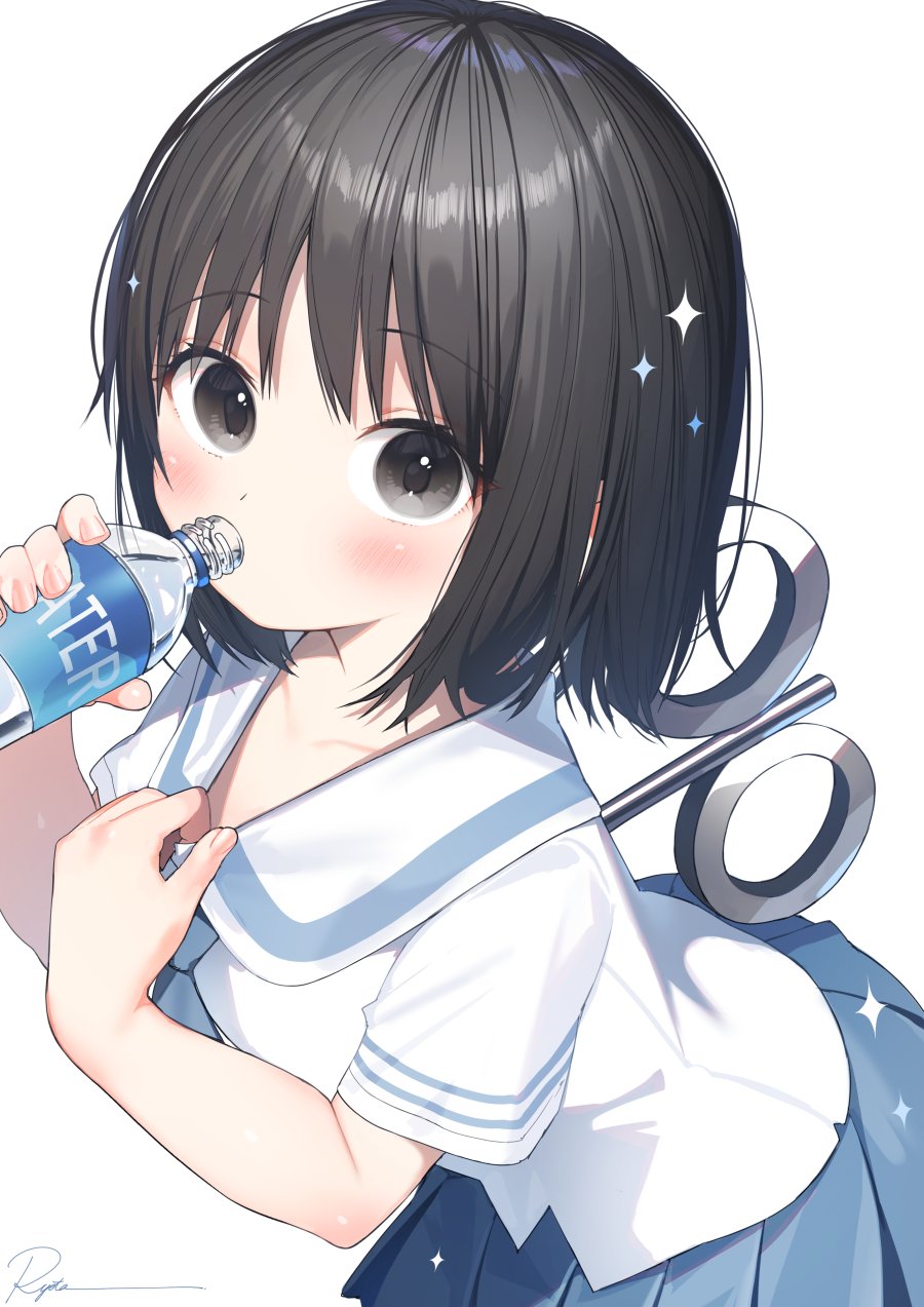 1girl artist_name black_eyes black_hair blue_skirt blush bottle clockwork collar_tug collared_shirt drinking highres holding holding_bottle looking_at_viewer nichijou plastic_bottle pleated_skirt ryota_(ry_o_ta) school_uniform shinonome_nano shirt signature simple_background skirt solo sparkle sparkling_aura white_background white_shirt