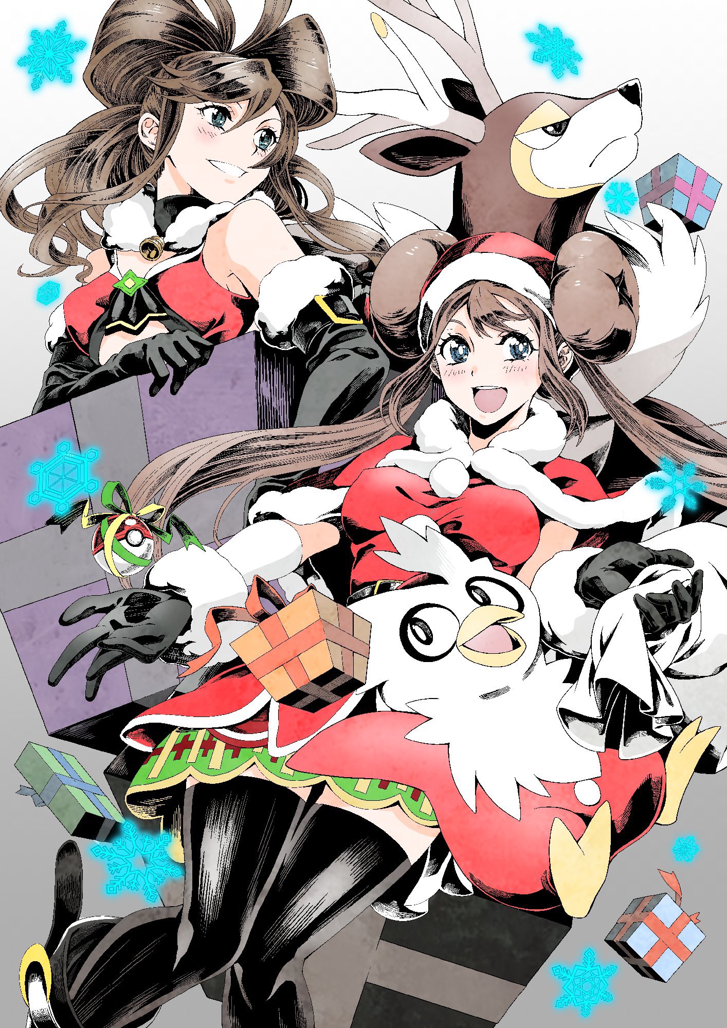 2girls black_gloves black_legwear blush box breasts brown_hair christmas commentary_request delibird double_bun eyelashes floating_hair gen_2_pokemon gen_5_pokemon gift gift_box gloves hair_bun hat highres hilda_(pokemon) holding holding_sack multiple_girls nintendo official_alternate_costume poke_ball poke_ball_(basic) pokemon pokemon_(creature) pokemon_bw pokemon_masters_ex rosa_(holiday_2019)_(pokemon) rosa_(pokemon) ryuusei_(trickster) sack santa_costume santa_hat sawsbuck sawsbuck_(winter) sidelocks smile snowflakes thighhighs twintails