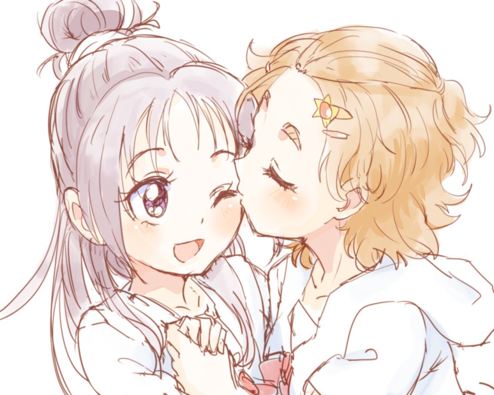 2girls azuma_yukihiko bangs_pinned_back bow bowtie closed_eyes collarbone eyelashes forehead futari_wa_precure_splash_star hair_bun hair_ornament hairclip happy holding_hands hood hood_down hooded_jacket hyuuga_saki jacket kiss kissing_cheek light_blush long_hair mishou_mai multiple_girls one_eye_closed open_mouth orange_hair precure purple_eyes purple_hair red_bow red_bowtie shirt simple_background single_hair_bun smile star_(symbol) star_hair_ornament thick_eyebrows upper_body white_background white_jacket white_shirt yuri