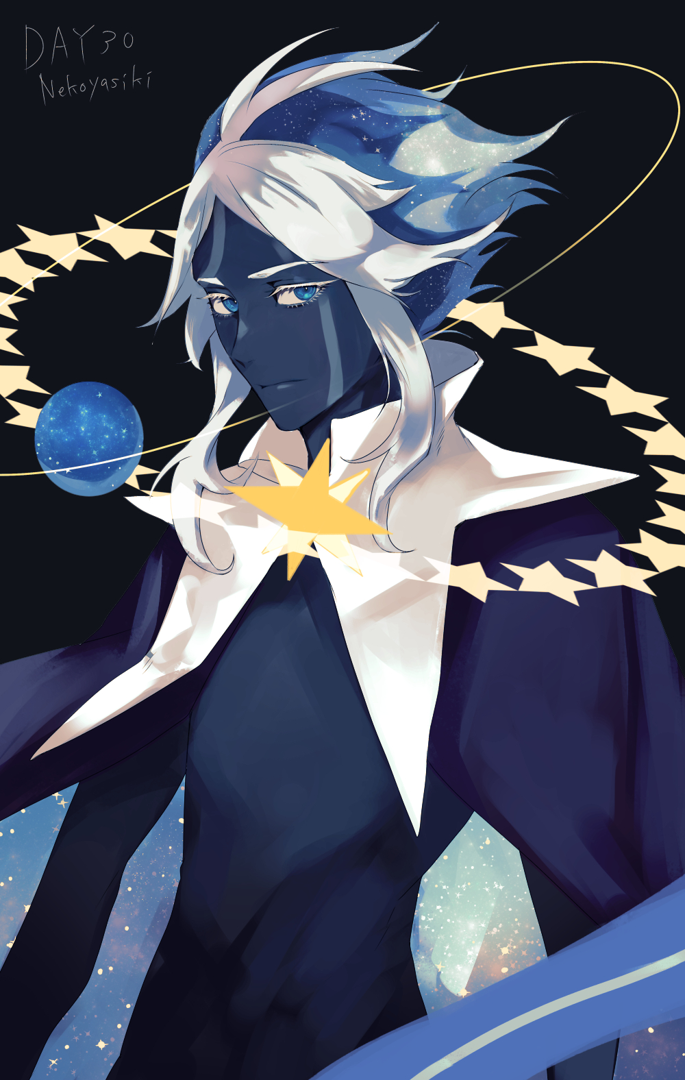 1boy artist_name blue_eyes blue_fire blue_hair blue_skin capelet colored_skin cookie_run cookie_run:_kingdom fire highres humanization looking_at_viewer multicolored_hair nekoyasiki33 personification planet short_hair solo space star_(symbol) stardust_cookie two-tone_hair white_capelet white_hair