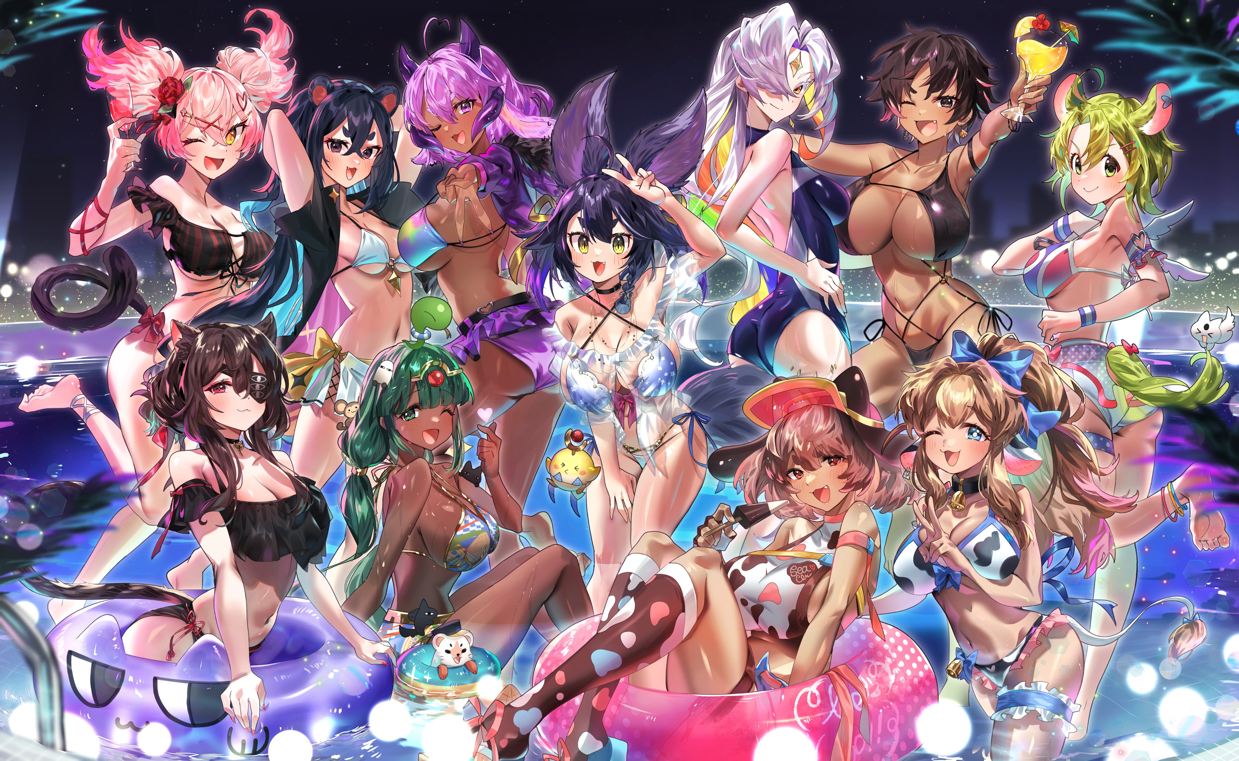 6+girls :3 absurdres alcohol amai_umimaru amonti_ado_(vtuber) animal_ears animal_print ashton_marten_(vtuber) ass bare_shoulders bell bikini black_bikini black_hair blue_bow blue_eyes blue_hair blue_one-piece_swimsuit blunt_bangs blush bon_(vtuber) bow breasts brown_hair cat_ears cat_girl cat_tail ceelio_(vtuber) character_request check_character choker clarabelle_(vtuber) cleavage closed_mouth cow_ears cow_girl cow_print cow_tail cup dark-skinned_female dark_skin drinking_glass earrings esper_(vtuber) eyepatch fang floating_earrings food freckles frilled_thigh_strap green_eyes green_hair grey_eyes grey_hair hair_bow hair_ornament hair_over_one_eye hairclip hakoneko_(marisa19899200) highres holding holding_cup holding_food holding_popsicle indie_virtual_youtuber innertube jewelry large_breasts long_hair looking_at_viewer mae_hayami medium_breasts mouse_ears mouse_girl mouse_tail multicolored_hair multiple_girls navel nebu_(vtuber) neck_bell nuya_(vtuber) one-piece_swimsuit one_eye_closed open_mouth orange_hair parted_bangs pink_hair ponytail popsicle purple_bikini purple_eyes purple_hair purple_nails red_eyes second-party_source short_hair short_twintails smile souly_(vtuber) swim_ring swimsuit tail thick_eyebrows thigh_strap twintails underboob v virtual_youtuber white_bikini wine wine_glass x_hair_ornament yellow_eyes