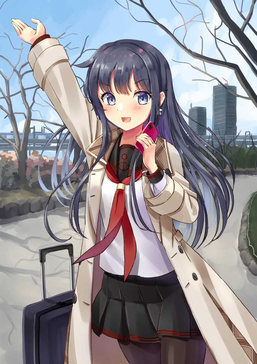 1girl akatsuki_(kancolle) akatsuki_kai_ni_(kancolle) anchor_symbol badge beige_coat black_hair black_pantyhose black_sailor_collar black_skirt blue_sky cellphone cloud coat commentary_request cowboy_shot day kantai_collection long_hair looking_at_viewer luggage mayura_(lucadia) neckerchief outdoors pantyhose phone pleated_skirt purple_eyes red_neckerchief rolling_suitcase sailor_collar school_uniform serafuku skirt sky solo suitcase tree waving