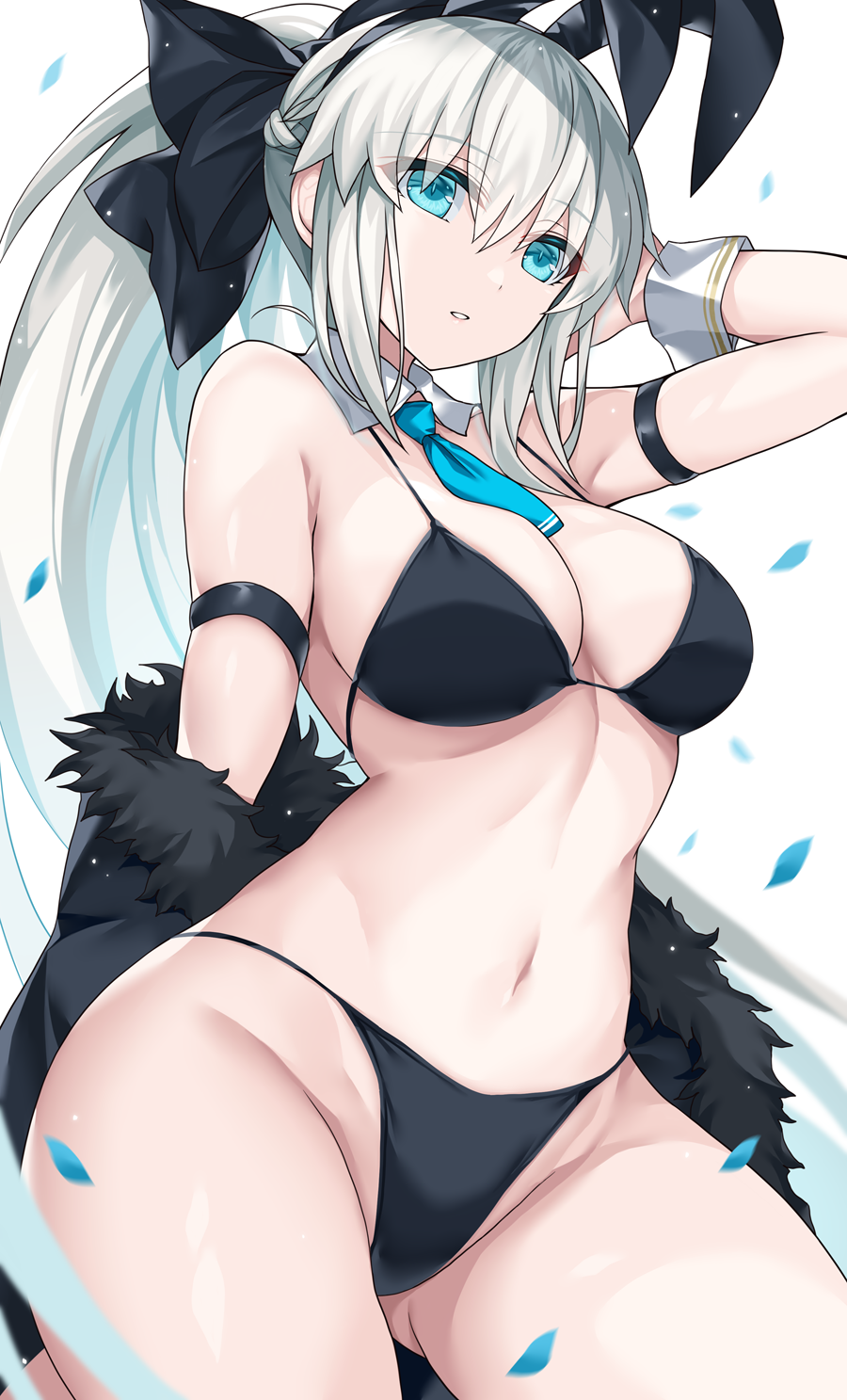 1girl alternate_costume animal_ears arm_strap bare_shoulders bikini black_bikini black_hairband blue_eyes breasts commentary_request fake_animal_ears fate/grand_order fate_(series) gluteal_fold grey_hair hair_ornament hairband highres large_breasts long_hair looking_at_viewer morgan_le_fay_(fate) morizono_shiki navel parted_lips ponytail simple_background smile solo stomach swimsuit thighs wrist_cuffs