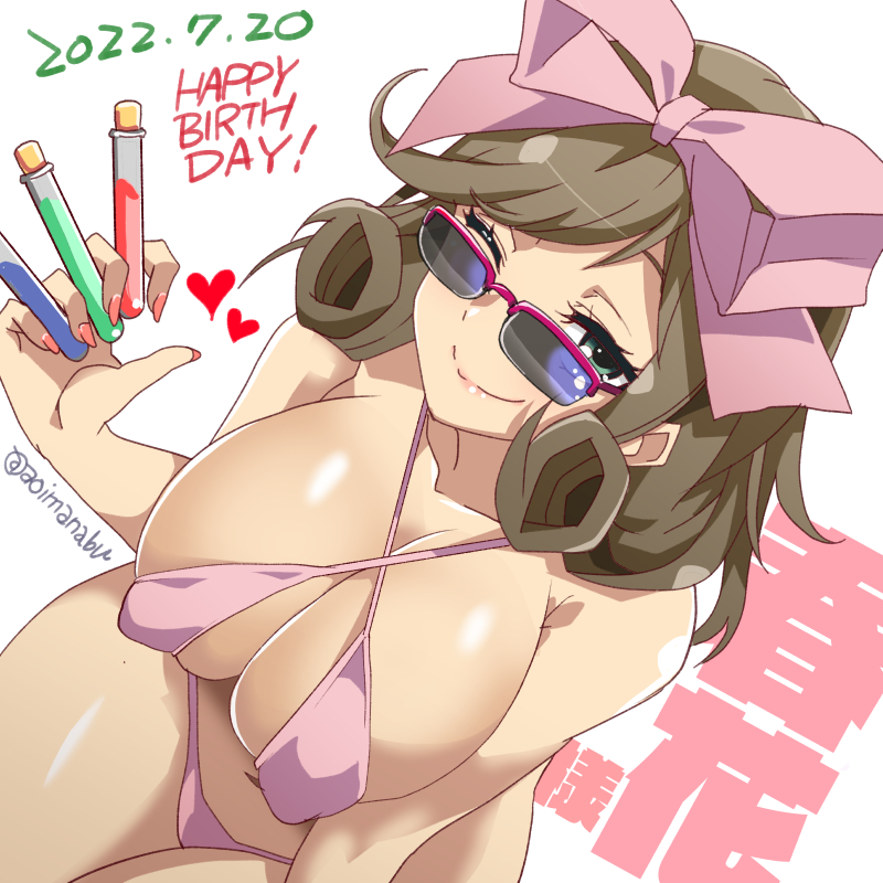 1girl aoi_manabu bikini breasts brown_hair cleavage commentary_request covered_erect_nipples curly_hair dated from_above glasses green_eyes hair_ribbon happy_birthday haruka_(senran_kagura) holding holding_test_tube large_breasts looking_at_viewer medium_hair navel one_eye_closed pink_bikini pink_ribbon ribbon senran_kagura shiny_skin smile solo sunglasses swimsuit test_tube translation_request white_background