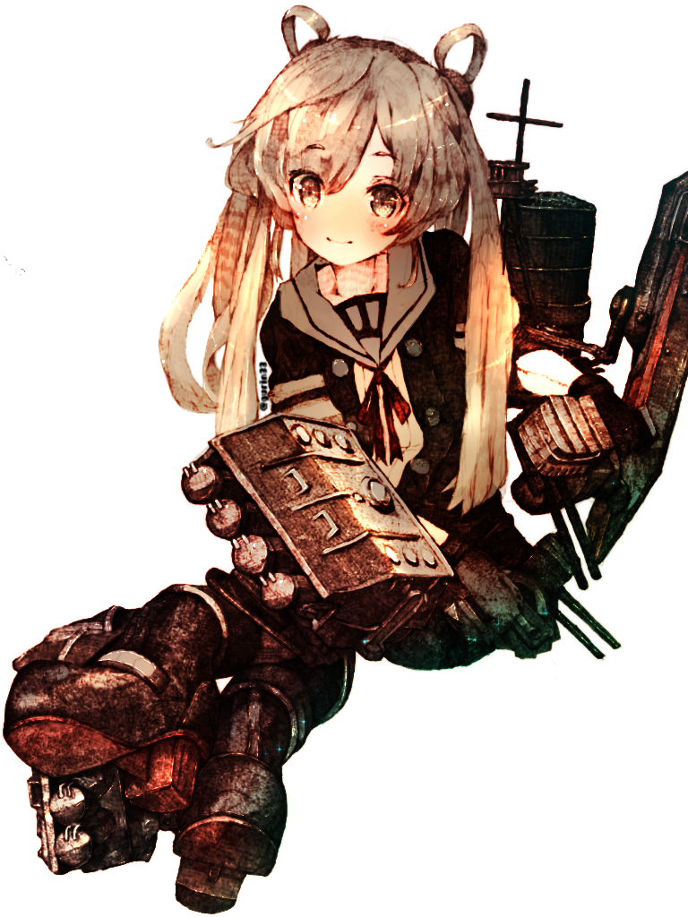 1girl abukuma_(kancolle) abukuma_kai_ni_(kancolle) black_gloves blonde_hair blush crossed_legs double_bun female_focus gloves gradient_filter gurin33 hair_bun hair_rings holding kantai_collection neck_ribbon red_ribbon ribbon rigging sailor_collar school_uniform simple_background skirt smile solo torpedo twintails white_background