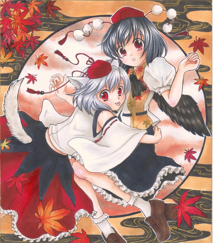 2girls :o :p acrylic_paint_(medium) animal_ears bad_id bad_pixiv_id black_hair black_wings bobby_socks female_focus geta gintarou_(puipuiginta) hat inubashiri_momiji leaf loafers maple_leaf millipen_(medium) multiple_girls painting_(medium) pastel_(medium) pen_(medium) red_eyes ribbon shameimaru_aya shoes short_hair skirt socks surprised surprised_arms tail tareme tassel tengu-geta tongue tongue_out touhou traditional_media white_hair wings wolf_ears wolf_tail