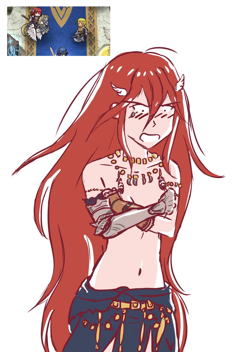 1girl blush bracelet breast_hold breasts cordelia_(fire_emblem) cosplay embarrassed feathers fire_emblem fire_emblem_awakening fire_emblem_heroes flat_chest gauntlets hawkeye_(fire_emblem) hawkeye_(fire_emblem)_(cosplay) highres jewelry leg_armor long_hair necklace nintendo open_mouth red_eyes red_hair topless_male small_breasts surprised sweatdrop very_long_hair wide-eyed