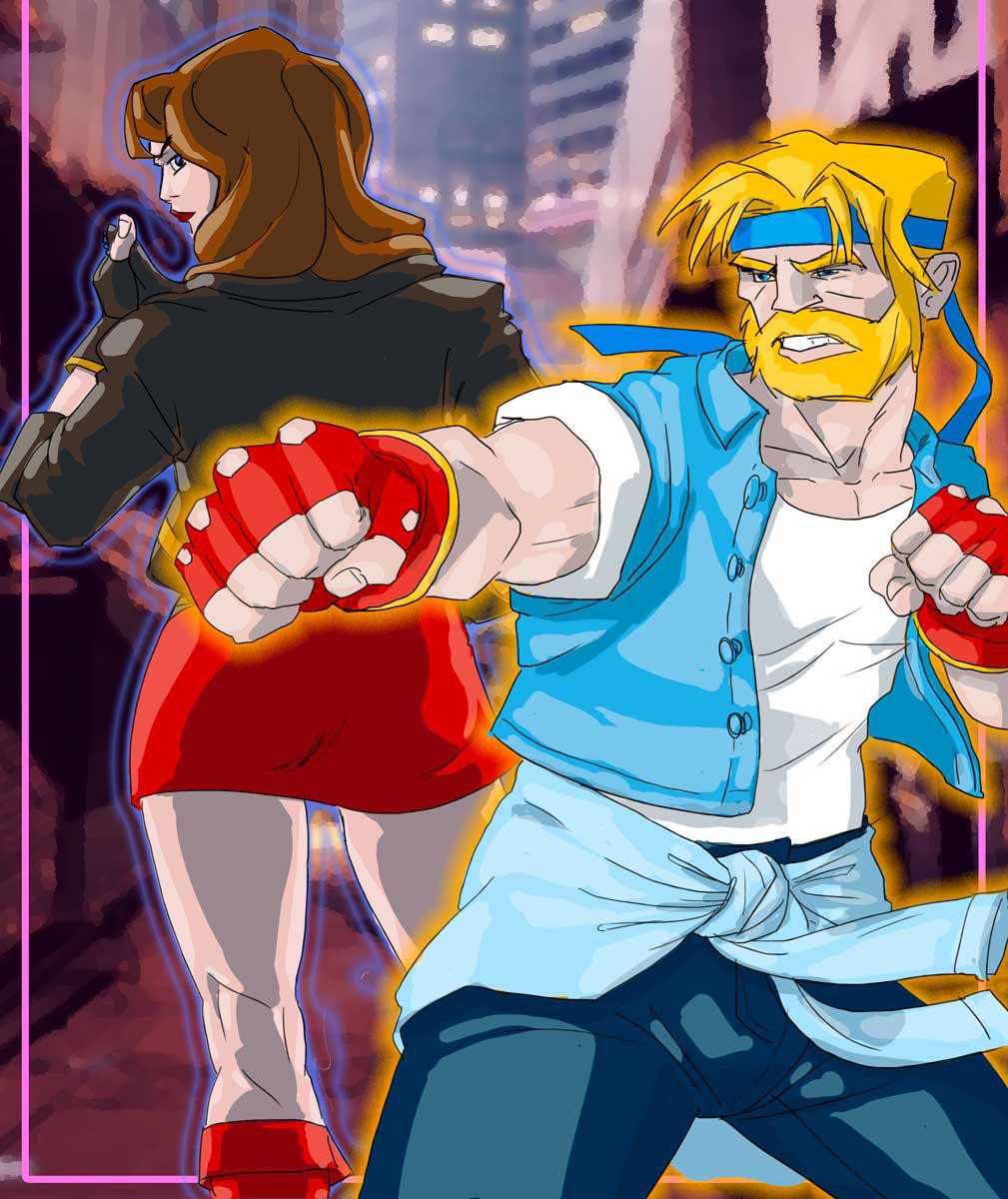 1boy 1girl angry ass axel_stone beard blaze_fielding blonde_hair blue_eyes brown_hair facial_hair gloves headband highres jacket leather leather_jacket legs lipstick long_hair makeup red_skirt sega skirt standing streets_of_rage streets_of_rage_4