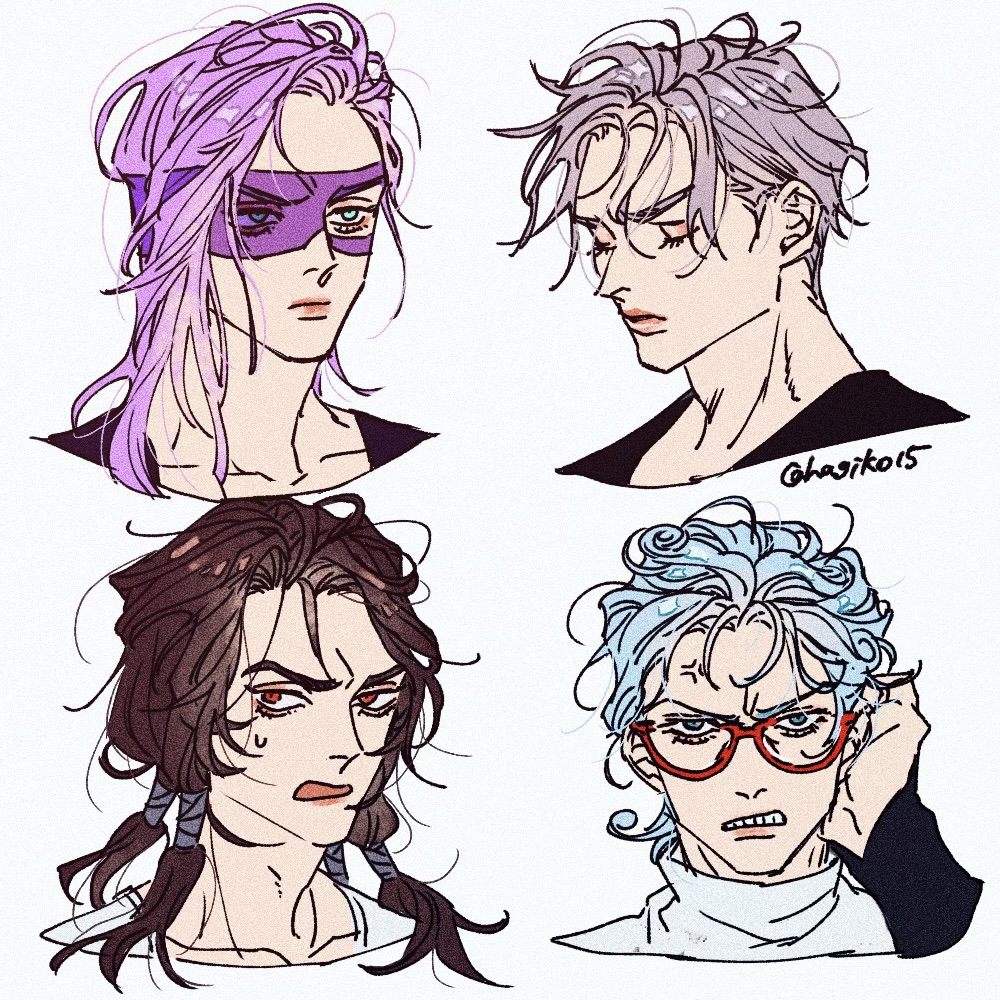 4boys aegyo_sal anger_vein blue_eyes blue_hair brown_hair clenched_teeth collarbone cropped_head eye_mask eyeshadow furrowed_brow ghiaccio hagiko15 hair_tubes illuso jojo_no_kimyou_na_bouken looking_at_viewer loose_hair_strand makeup male_focus melone messy_hair multiple_boys pink_lips prosciutto purple_hair red-framed_eyewear red_eyes short_hair small_sweatdrop teeth twitter_username vento_aureo white_background