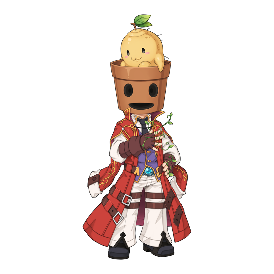 1boy :3 biolo_(ragnarok_online) black_necktie black_shoes brown_gloves chibi chibi_only coat collared_shirt fingerless_gloves full_body gloves gregor_(ragnarok_online) high_collar leaf looking_at_viewer male_focus necktie official_art open_clothes open_coat open_mouth pants plant pot_on_head potted_plant purple_vest ragnarok_online red_coat shirt shoes simple_background smile solo standing transparent_background vest white_pants white_shirt yuichirou