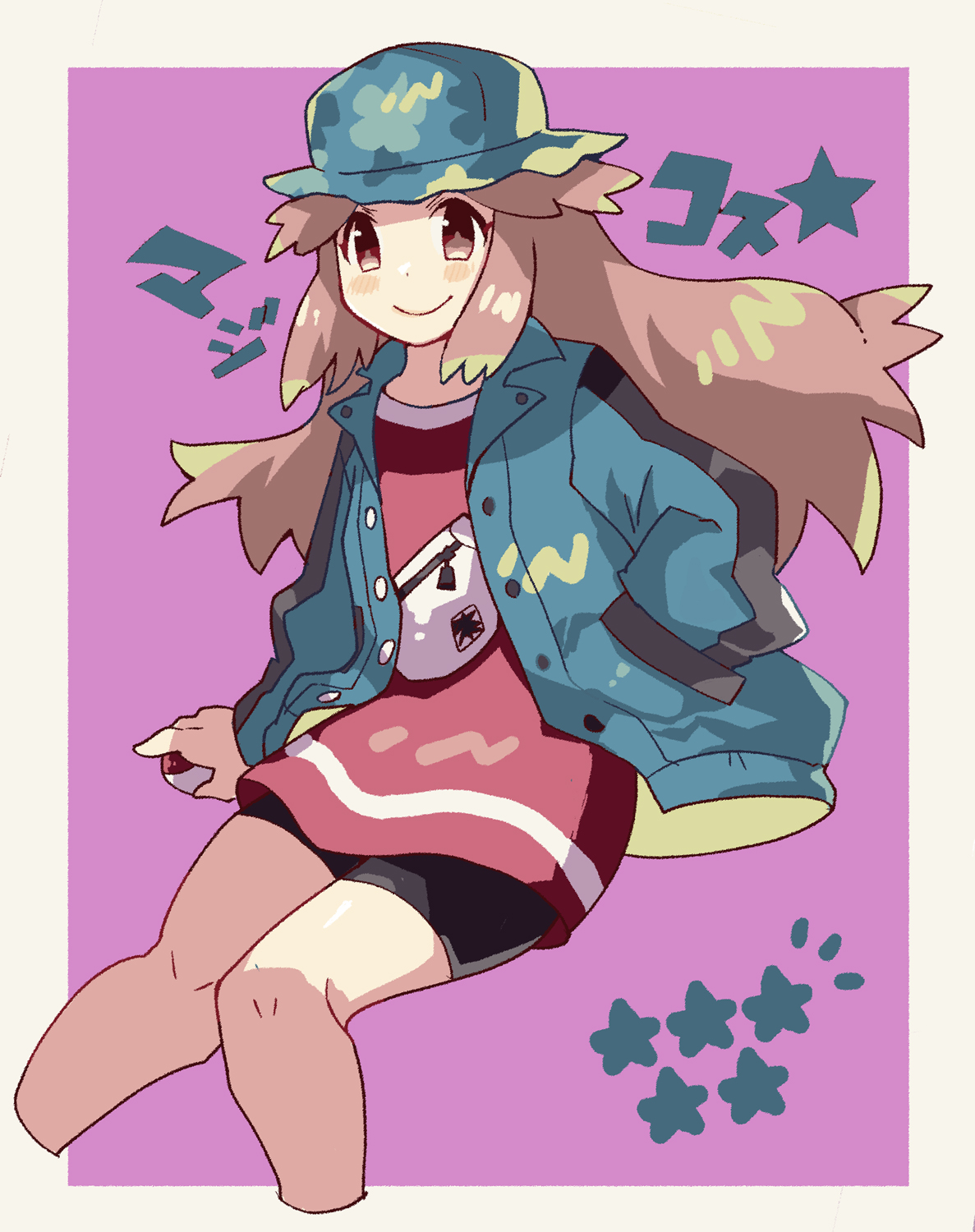 >:) 1girl anidler91 bike_shorts black_shorts blue_hat blue_jacket brown_eyes brown_hair camouflage_headwear closed_mouth cropped_legs hand_in_pocket hat highres holding holding_poke_ball jacket leaf_(pokemon) leaf_(sygna_suit)_(pokemon) long_hair long_shirt long_sleeves nintendo open_clothes open_jacket poke_ball poke_ball_(basic) pokemon pokemon_masters_ex red_shirt shirt shorts smile solo v-shaped_eyebrows