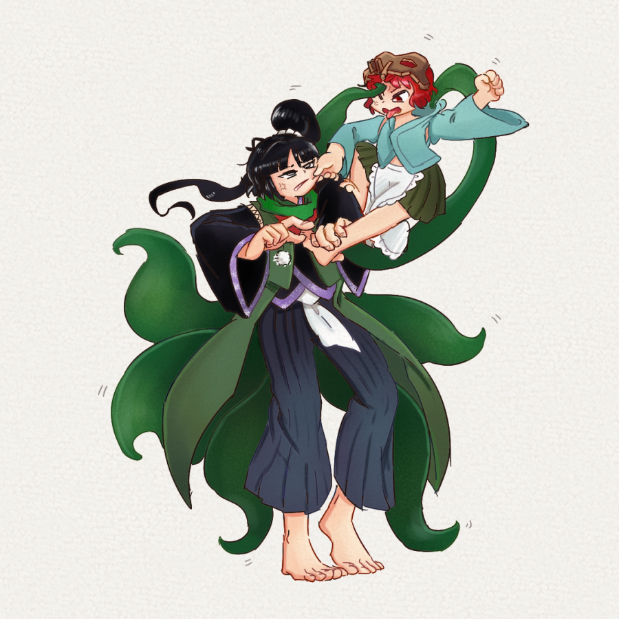 2others adagumo_no_yaorochi androgynous angry annoyed apron barefoot black_hair black_kimono black_sleeves blue_hakama blue_kimono blue_sleeves blunt_bangs brown_hakama brown_helmet cheek_pull chikafumikou clenched_hand detached_sleeves double-parted_bangs eyelashes feet fighting fingernails floating_hair floral_print frilled_apron frills frown full_body furrowed_brow green_jacket green_scarf grey_background grey_eyes hair_ornament hair_scrunchie hakama hakama_pants hakama_short_skirt hakama_skirt height_difference helmet high_side_ponytail jacket japanese_clothes jinbaori jinbei_(clothes) katano_sukune kimono len&#039;en long_hair long_sleeves looking_at_another lower_teeth_only midriff_peek motion_lines multiple_others multiple_tails one_eye_closed open_mouth other_focus pants pom_pom_(clothes) prehensile_tail red_eyes red_hair red_scarf scarf scrunchie simple_background skirt snake_tail standing standing_on_shoulder tail teeth toenails toes tongue waist_apron white_apron white_scrunchie wide_sleeves