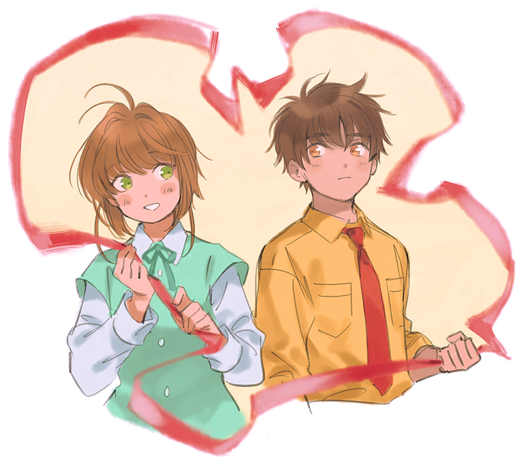 1boy 1girl antenna_hair blush blush_stickers breast_pocket brown_eyes brown_hair cardcaptor_sakura casual clenched_hand closed_mouth collared_shirt couple cropped_torso dot_nose eye_contact green_eyes green_ribbon grin hair_between_eyes hair_intakes hand_up hands_up hetero holding holding_ribbon kinomoto_sakura li_xiaolang long_sleeves looking_at_another looking_to_the_side loveariddle neck_ribbon necktie parted_lips pocket red_necktie red_ribbon ribbon shirt short_hair sidelocks sleeves_rolled_up smile upper_body w_arms white_background white_shirt wing_collar yellow_background yellow_shirt