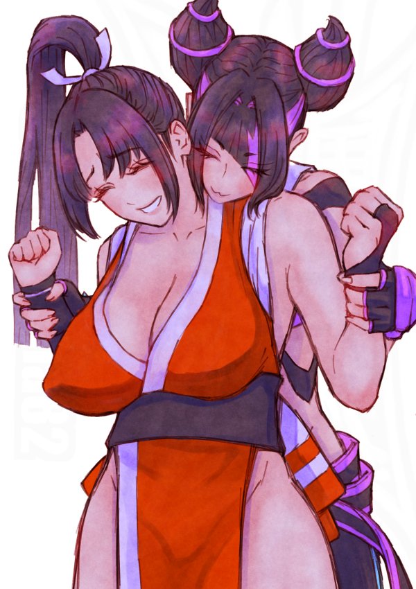 2girls blush breasts brown_hair cleavage collar delarocha82 grabbing_another&#039;s_arm han_juri large_breasts multiple_girls ponytail purple_hair shiranui_mai simple_background spiked_collar spikes street_fighter street_fighter_6 yuri