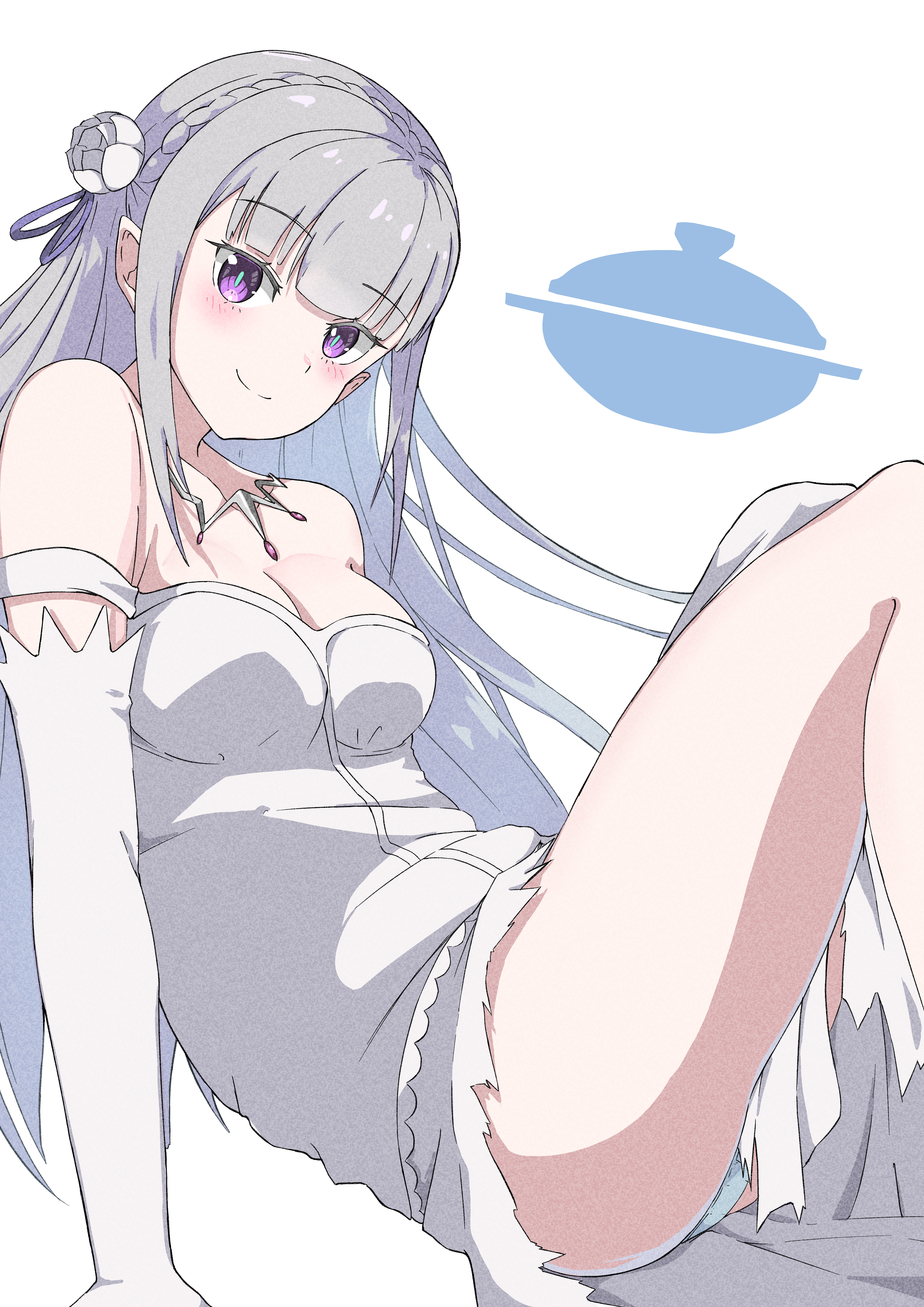 1girl absurdres ass bare_shoulders blue_panties blush braid breasts cleavage closed_mouth collarbone crown_braid dress elbow_gloves elf emilia_(re:zero) feet_out_of_frame flower gloves hair_flower hair_ornament highres jewelry long_hair looking_at_viewer lying medium_breasts necklace off-shoulder_dress off_shoulder on_back onabe915 panties pantyshot pointy_ears purple_eyes re:zero_kara_hajimeru_isekai_seikatsu rose simple_background solo thighs torn_clothes torn_dress underwear very_long_hair wedding_dress white_background white_dress white_flower white_gloves white_rose